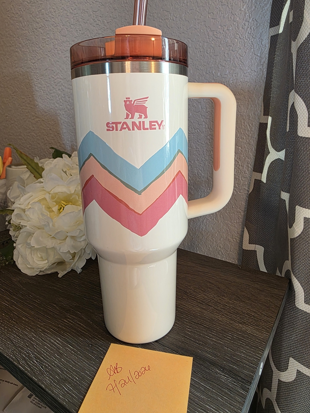 Stanley Insulated Travel Mug with Pink & Blue Chevron Design